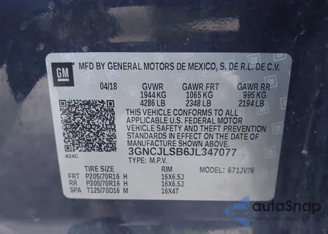 2018 Chevrolet Trax Lt from USA, damaged, VIN 3GNCJLSB6JL347077